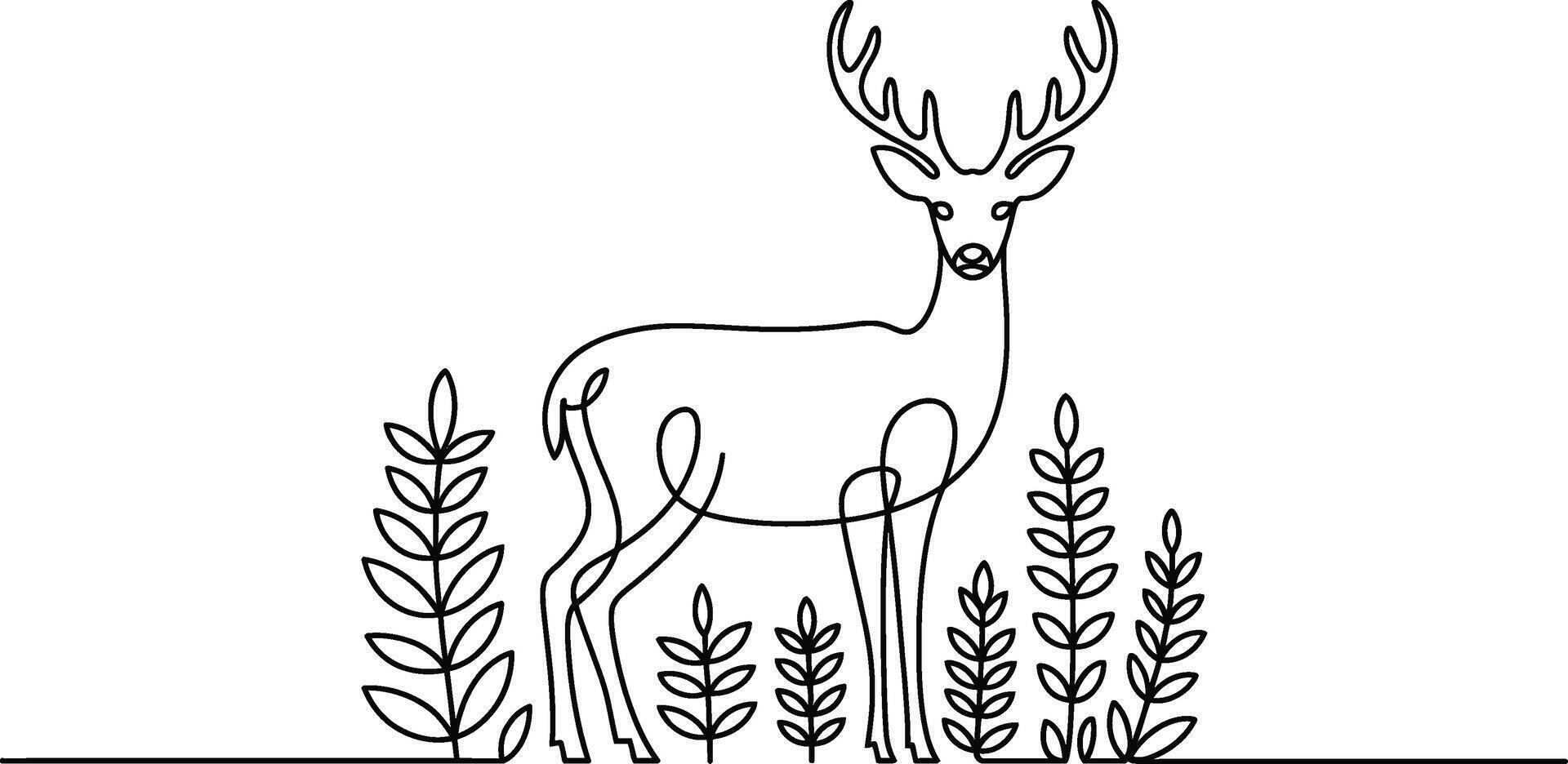 Black Line Drawing of a Deer with Antlers and Foliage vector