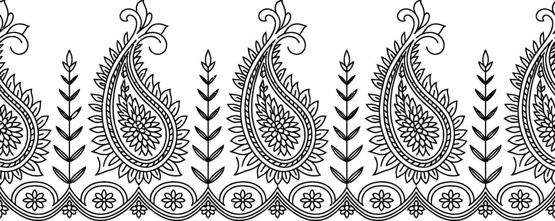 Black and White Paisley Border Pattern with Floral and Leaf Elements vector