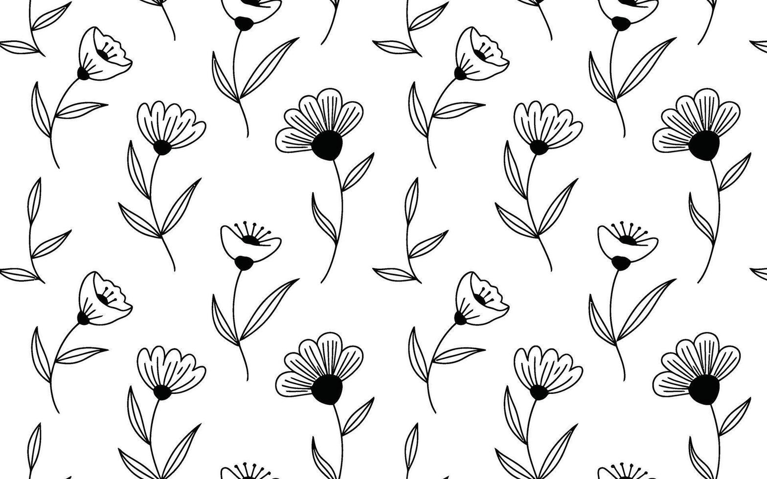 Black and white floral pattern with stylized flower and leaves vector