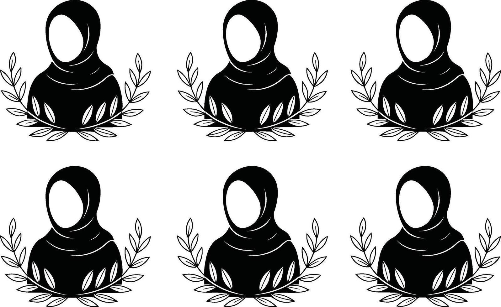 Six Black Hijab Silhouettes with Laurel Wreaths on White Background vector