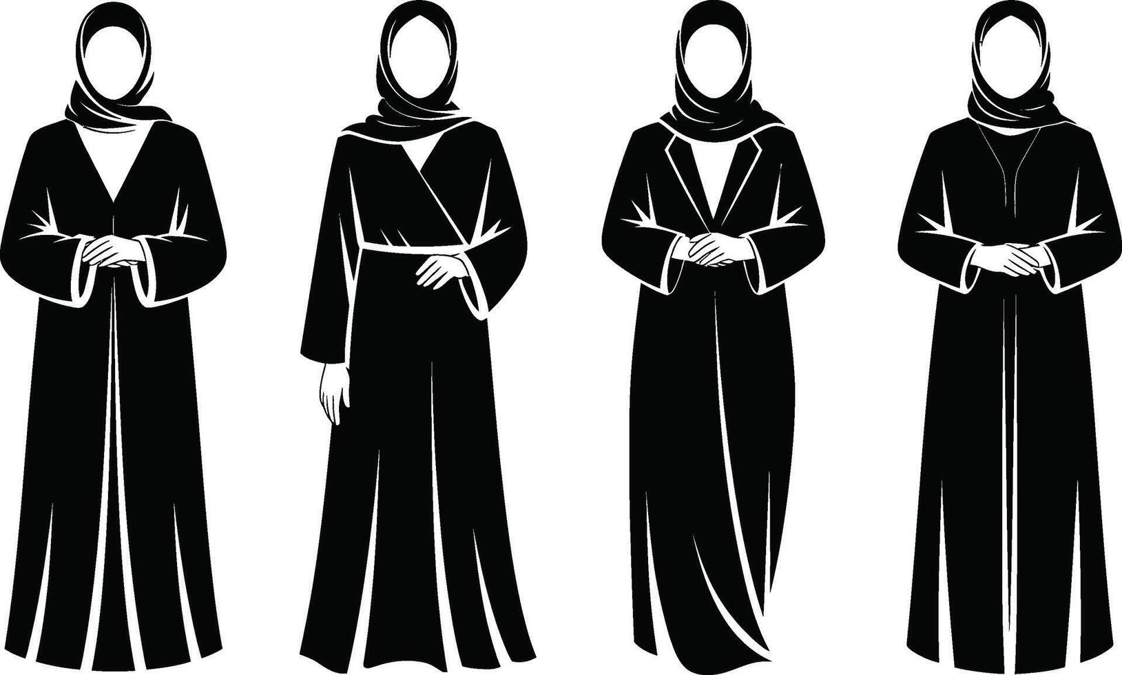 Black and White Illustrations of Women in Hijabs and Abayas vector