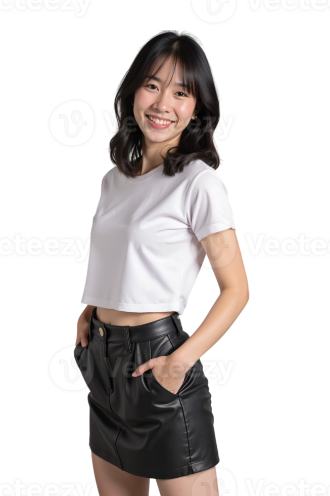 asian woman in white shirt and black leather skirt png