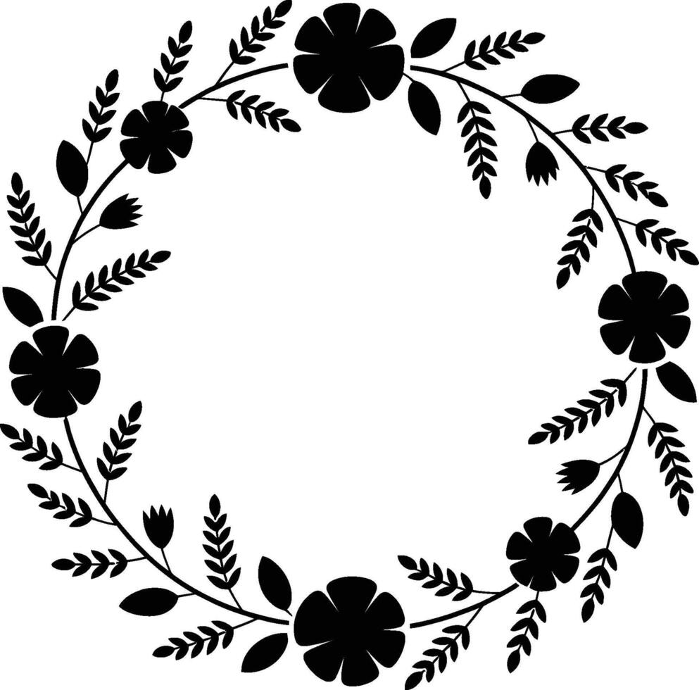Black Floral Wreath with Flowers and Leaves on White Background vector