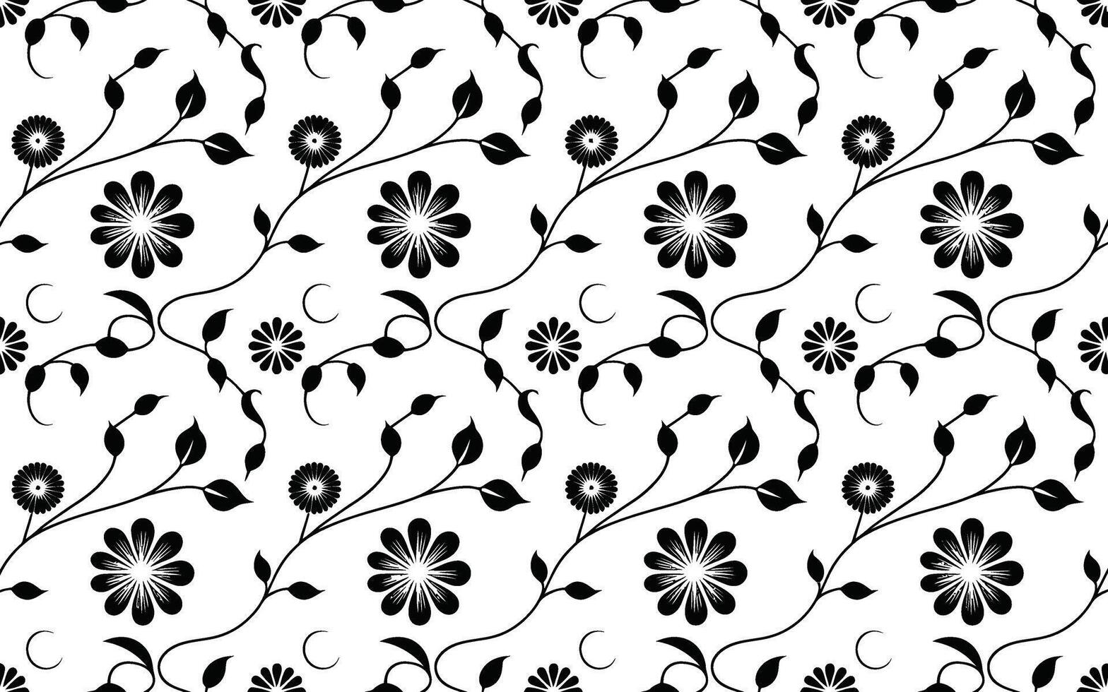Black and White Floral Pattern with Flowers Leaves and C Shapes vector