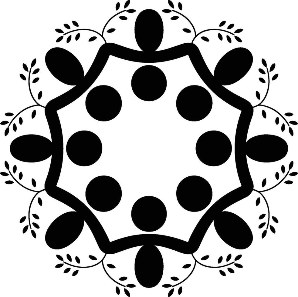 Black and White Floral Mandala with Leafy Branches and Circles vector