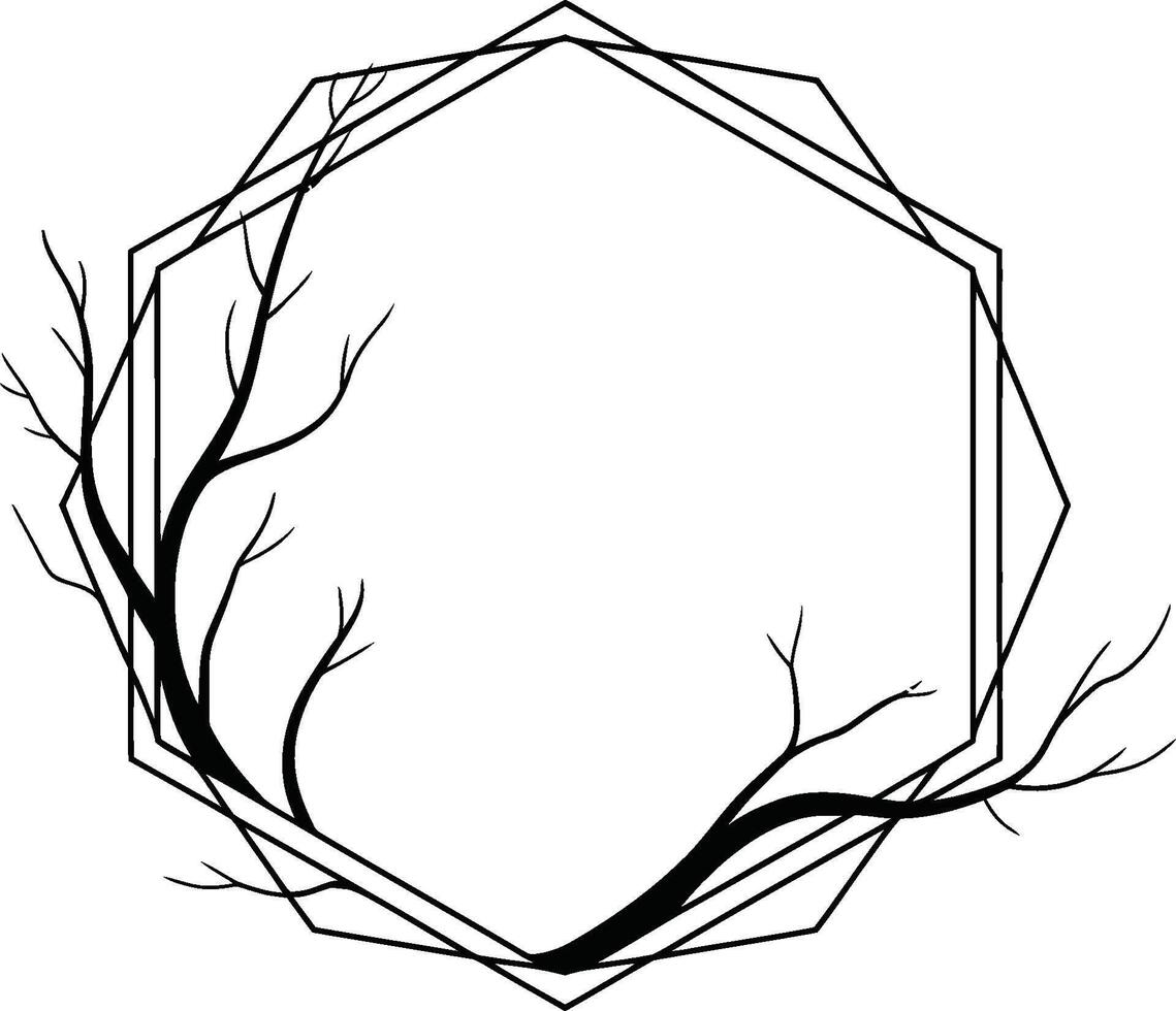 Black Tree Branches and Geometric Frame on White Background vector