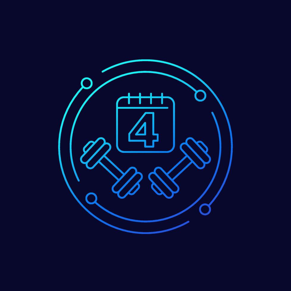 four day workout plan icon, 4 day split training program, linear design vector