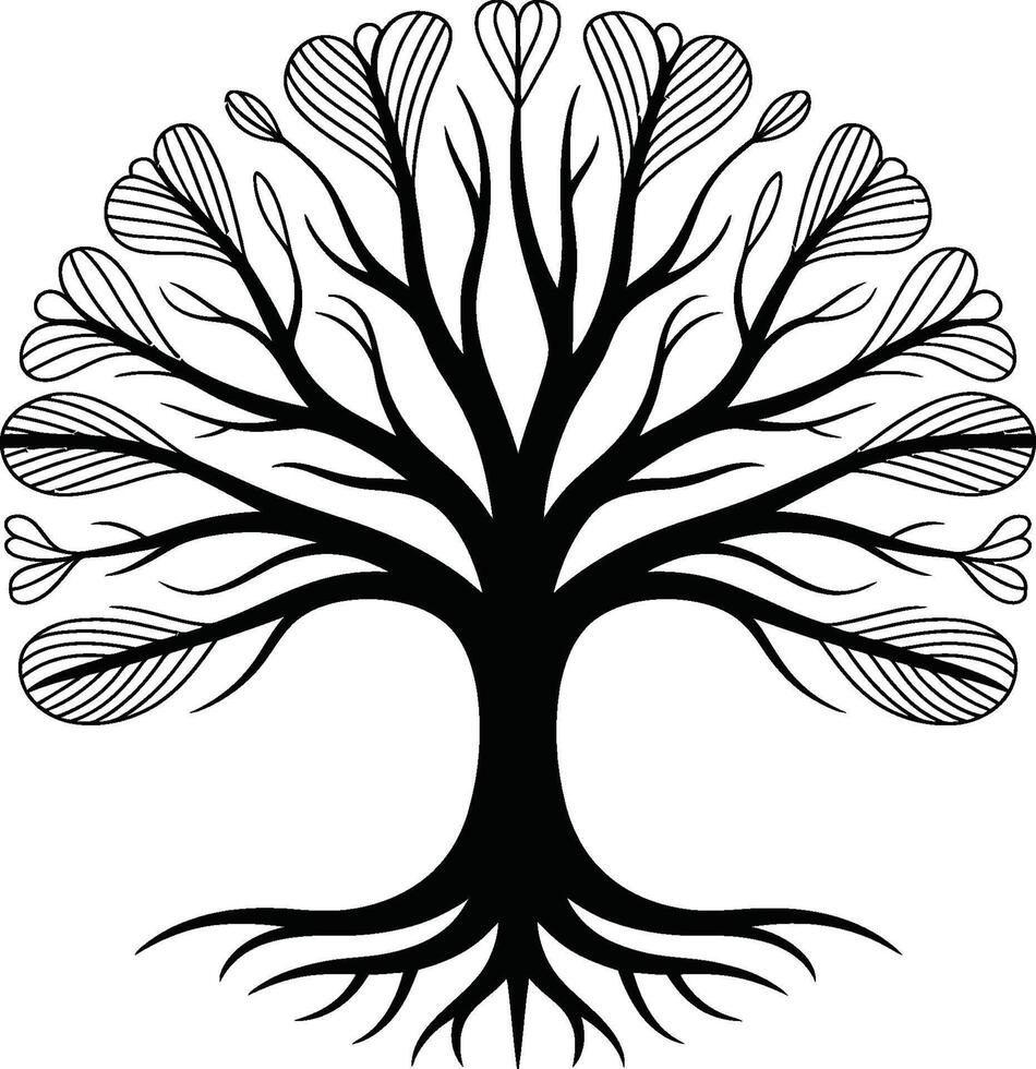 Black and White Tree Illustration with Leaf- Shaped Elements vector