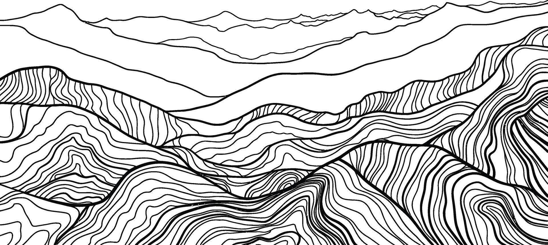 Black and white mountain landscape illustration with flowing lines vector