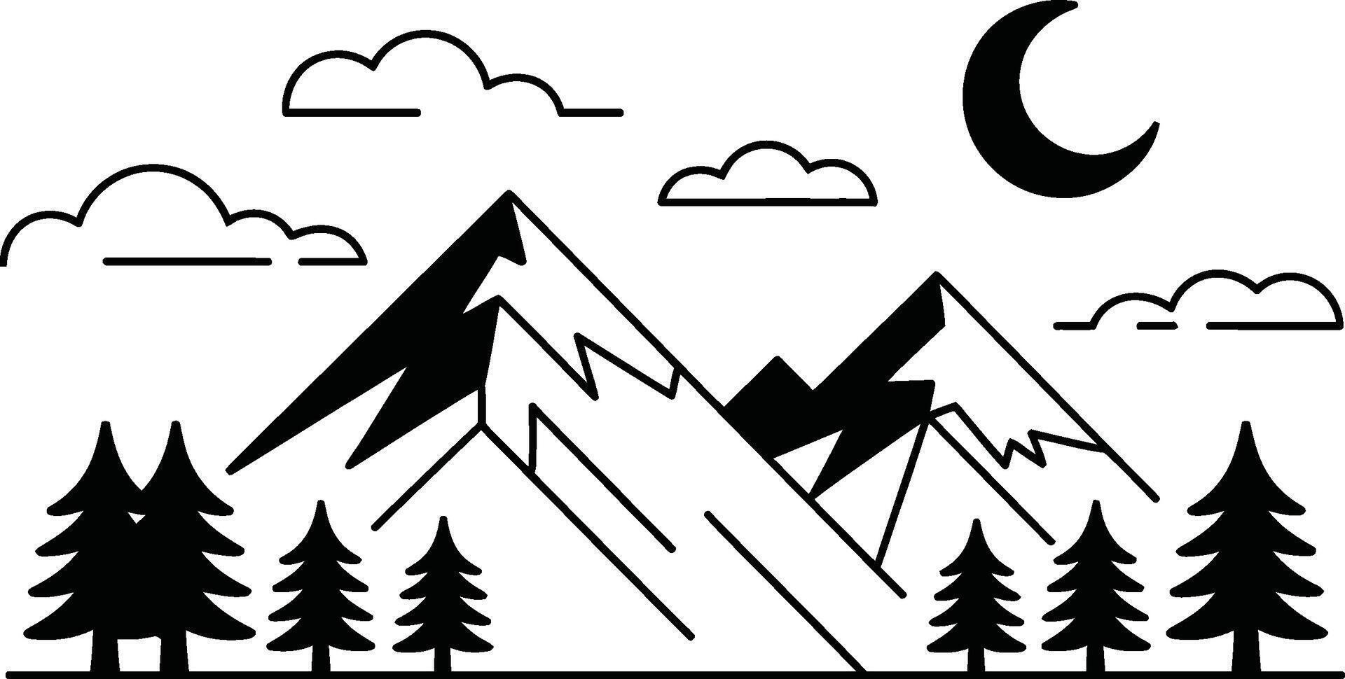 Black and White Mountain Landscape with Trees Clouds and Crescent Moon vector
