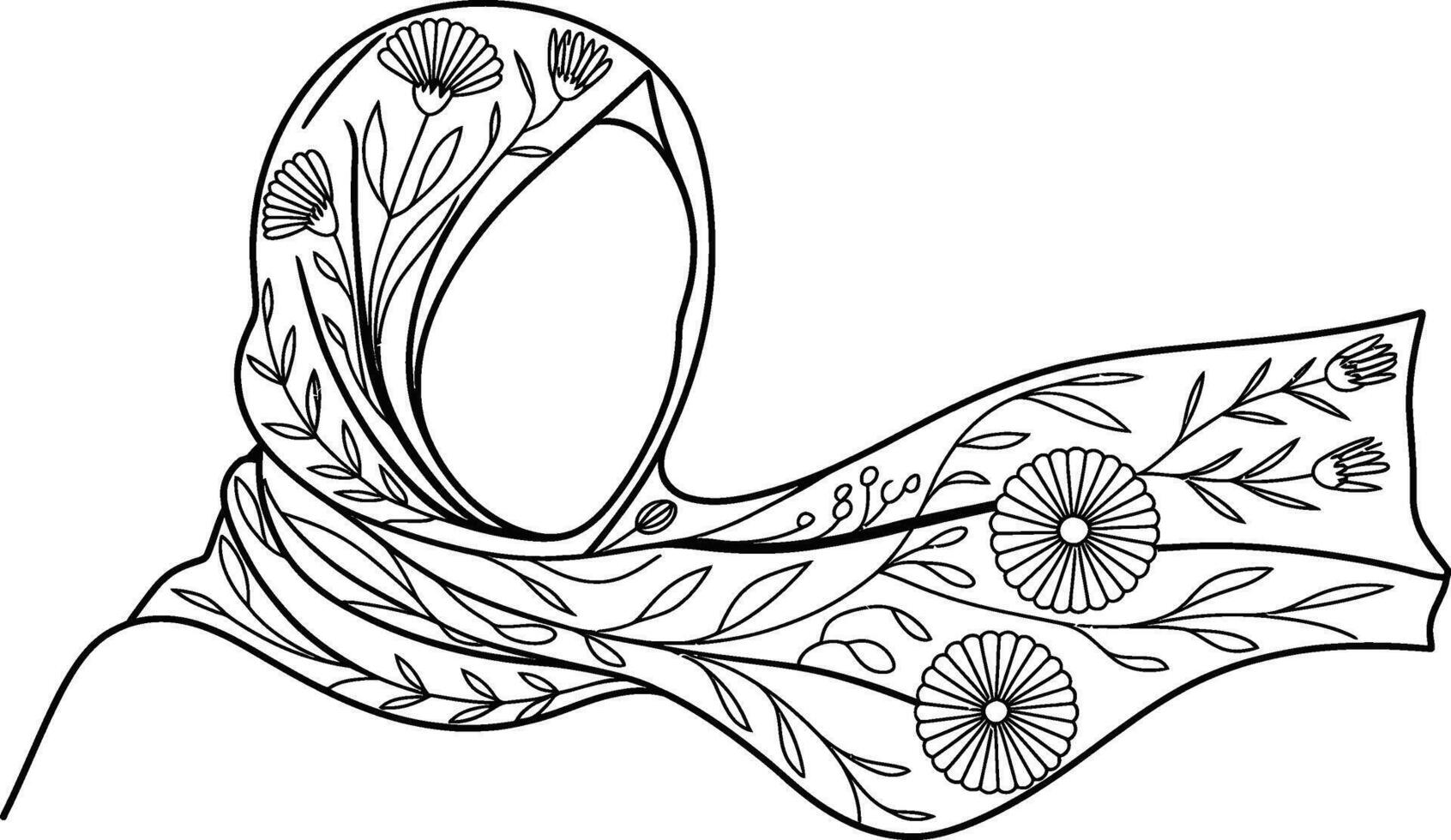 Black and White Floral Hijab Illustration with Flowing Scarf vector