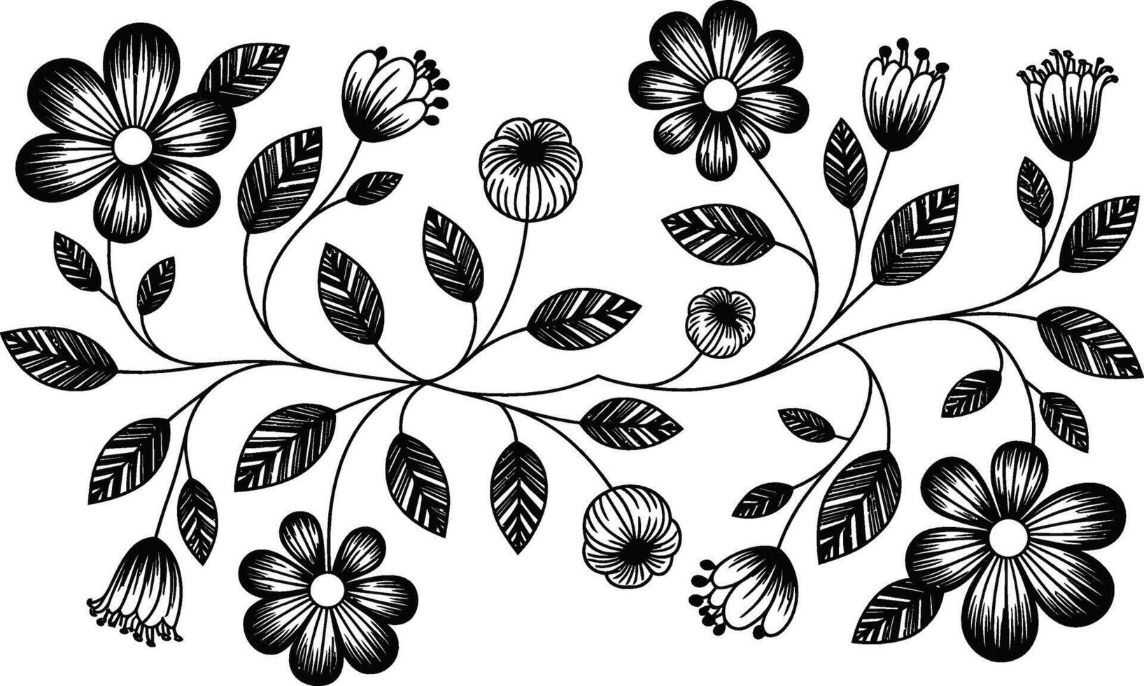 Black and white floral illustration with flowers leaves and stems vector