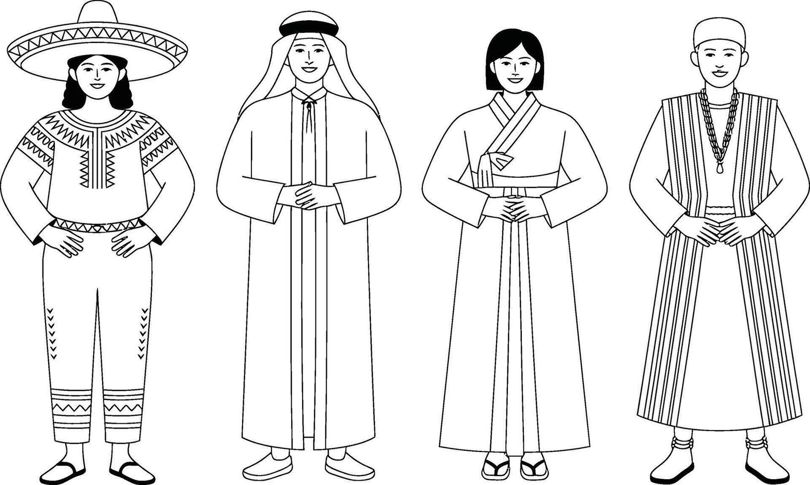 Outlined Figures in Traditional Clothing Representing Different Cultures vector
