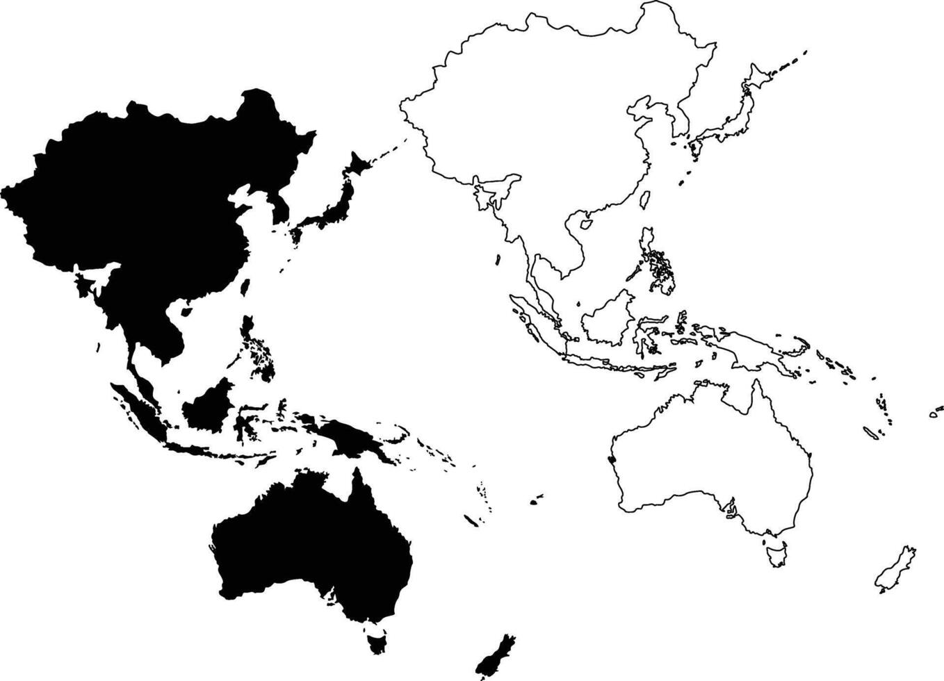 Map of Asia Pacific Region Silhouette Flat and Outline Design vector