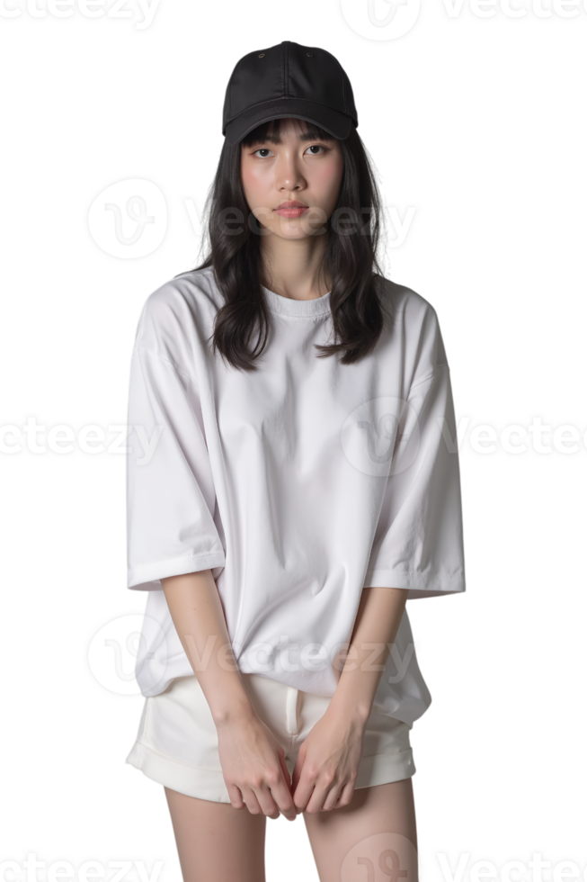 a young woman wearing a white t - shirt and black hat png