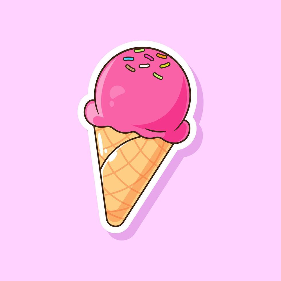 Delicious strawberry pink ice cream with tasty cone illustration icon concept. Tasty strawberry sundae. Gelato vector