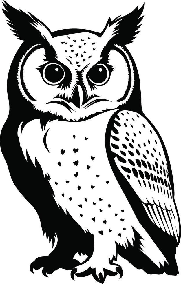 Artistic standing owl graphic in a monochrome stencil style for a logo or print vector