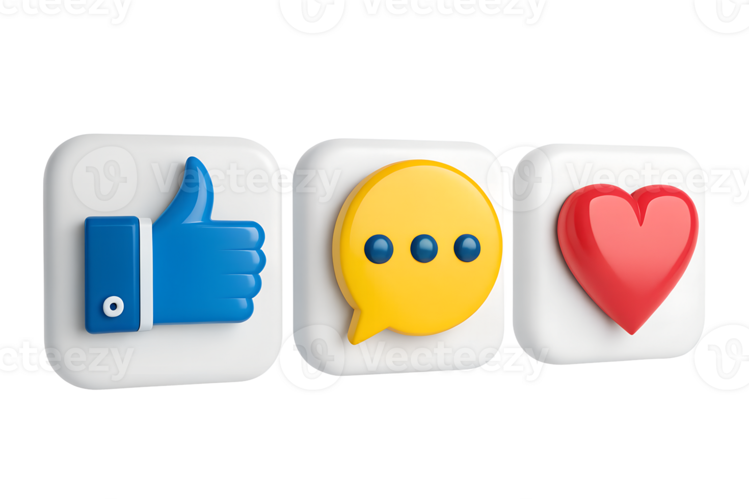 Three social media interaction icons are isolated on transparent background png