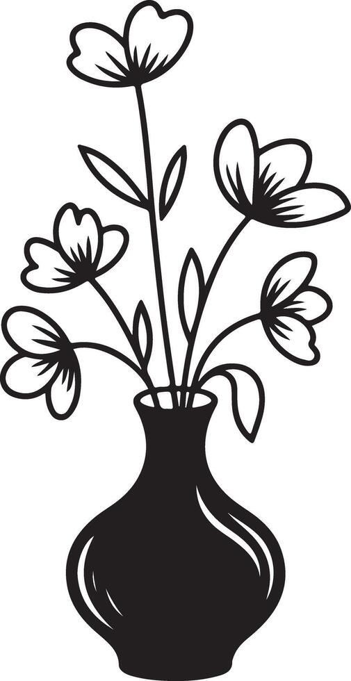Elegant Black and White Line Art of Flowers in a Vase, Simple Minimalist Floral Design, Serene and Peaceful Home Decor Illustration vector