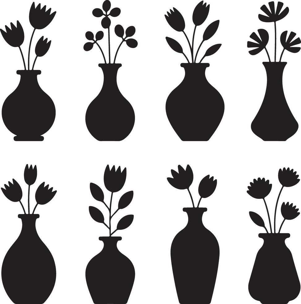 Eight Stylish Black Silhouette Vases with Various Flowers, Elegant Home Decor, Minimalist Artwork, Simple Design vector