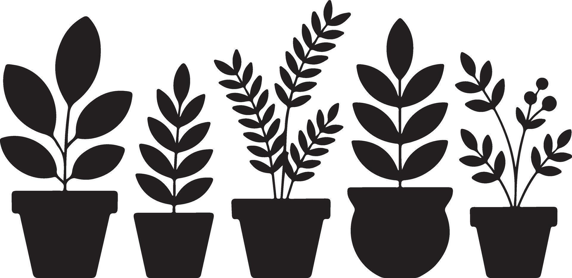 Five Stylish Silhouette Houseplants in Pots A Chic Minimalist Home Decor Design - Professional digital artwork with vibrant colors and detailed composition vector