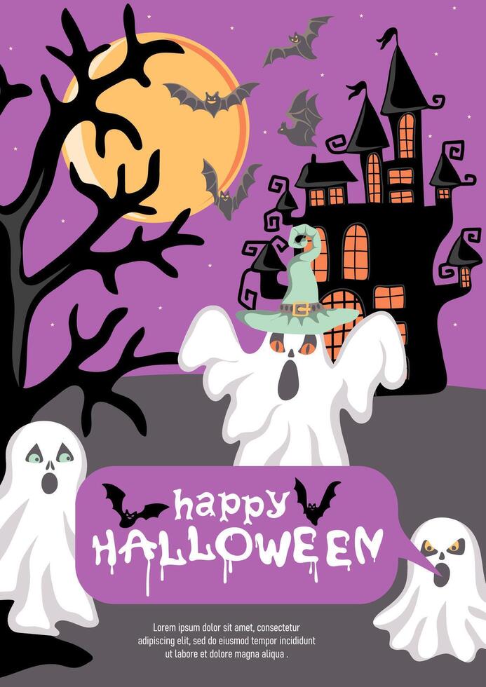 Happy Halloween. Trendy holiday poster with ghosts, bats and scary castles. October 31 holiday evening creative design. vector