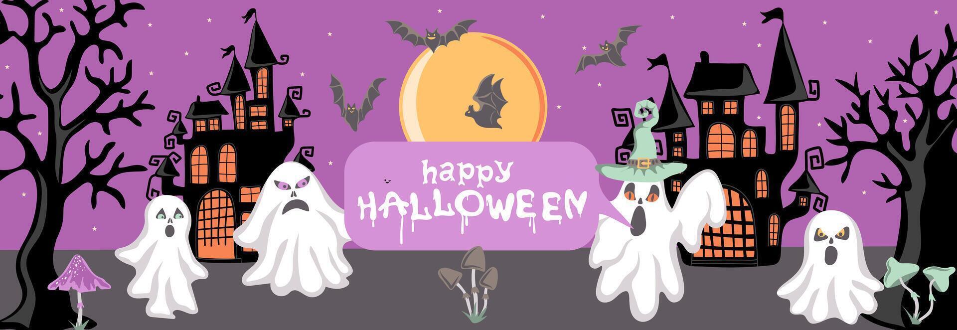 Happy Halloween. Trendy holiday banner with ghosts, bats and scary castles. October 31 holiday evening creative design vector