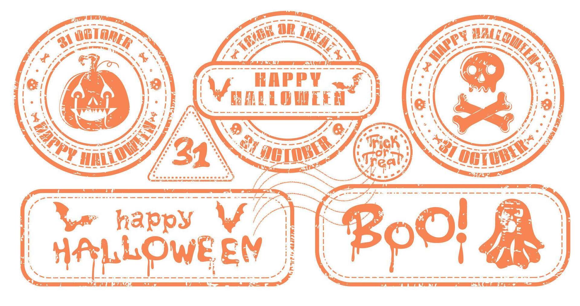 Set of Happy Halloween grunge retro rubber stamps with ghost, pumpkin ang flying bat. Collection of grunge textured holiday stickers or labels vector