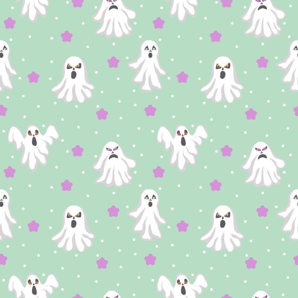 Cute Halloween Ghosts on Mint Spooky Seamless Pattern. Modern holiday print for textile, fabric, wallpaper, wrapping, gift wrap, paper, scrapbook and packaging vector