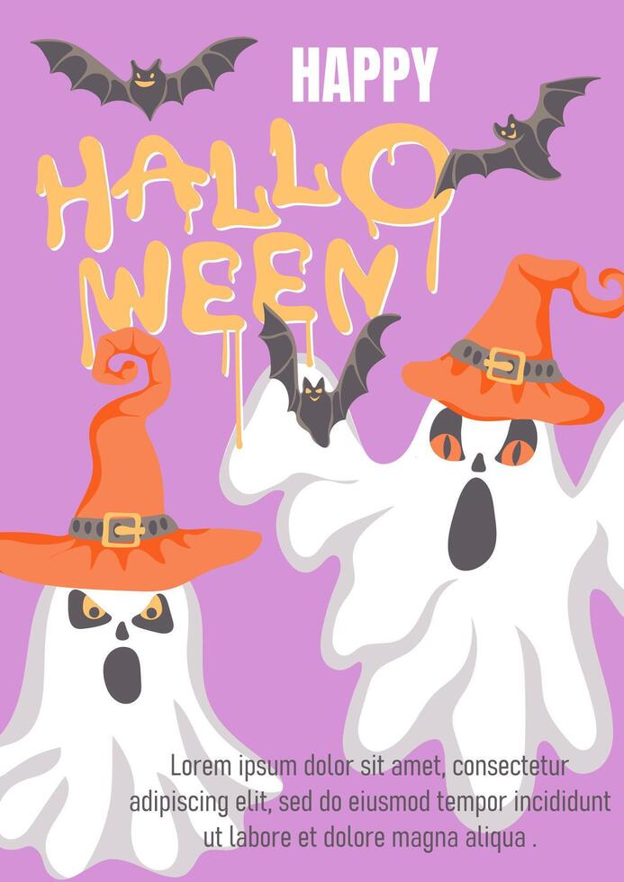 Happy Halloween. Trendy holiday poster with ghosts in witch hats and flying bats. October 31 holiday evening creative design. vector
