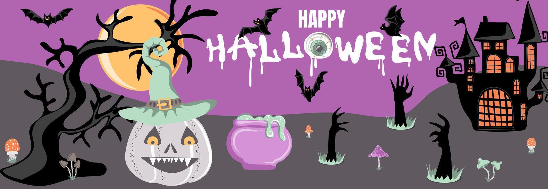 Happy Halloween. Trendy holiday banner with pumpkin, bats and scary castles. October 31 holiday evening creative design vector
