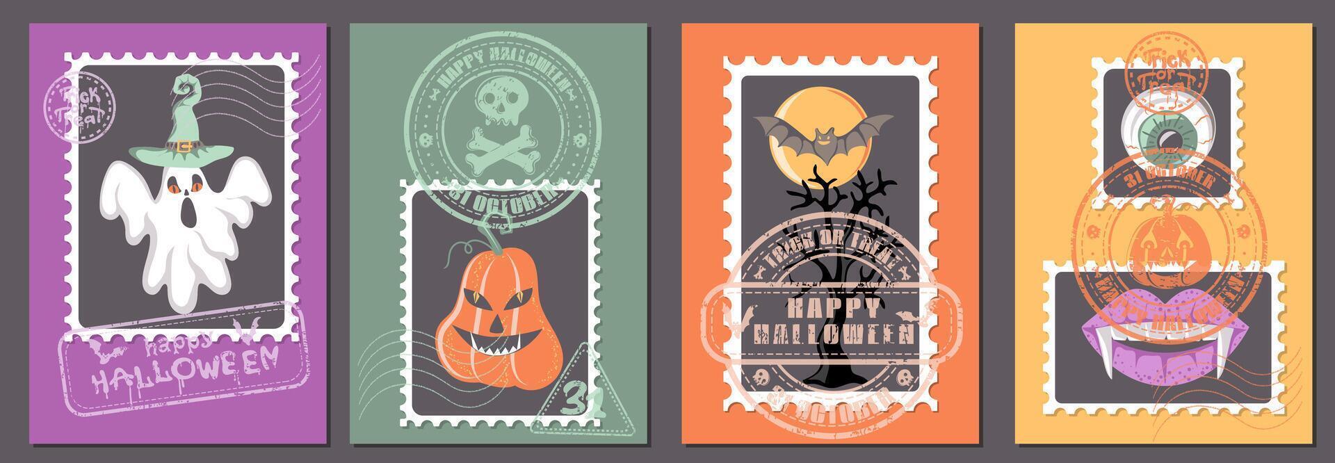 Happy Halloween posters with retro postage stamps. Set of Halloween decorative design with scary pumpkins, ghosts, flying bat, monster eye and lips. vector