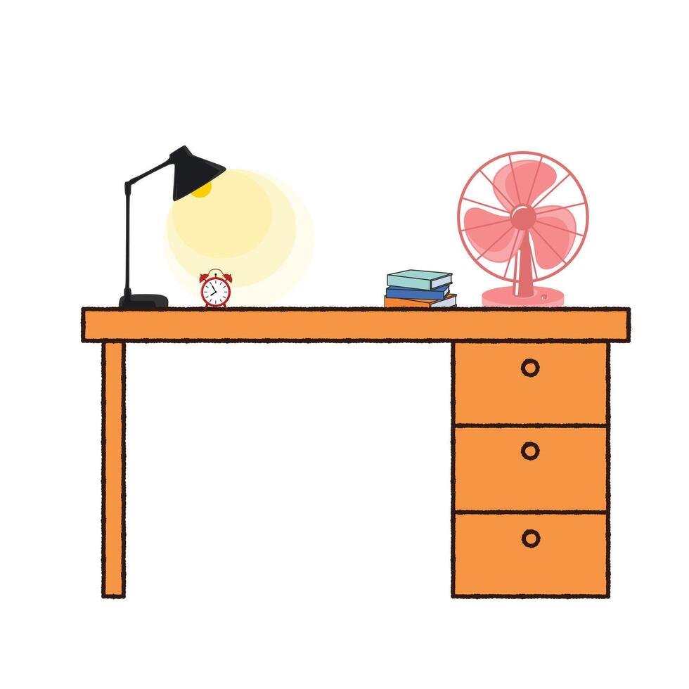 Desk with lamp, fan, books, and alarm clock vector