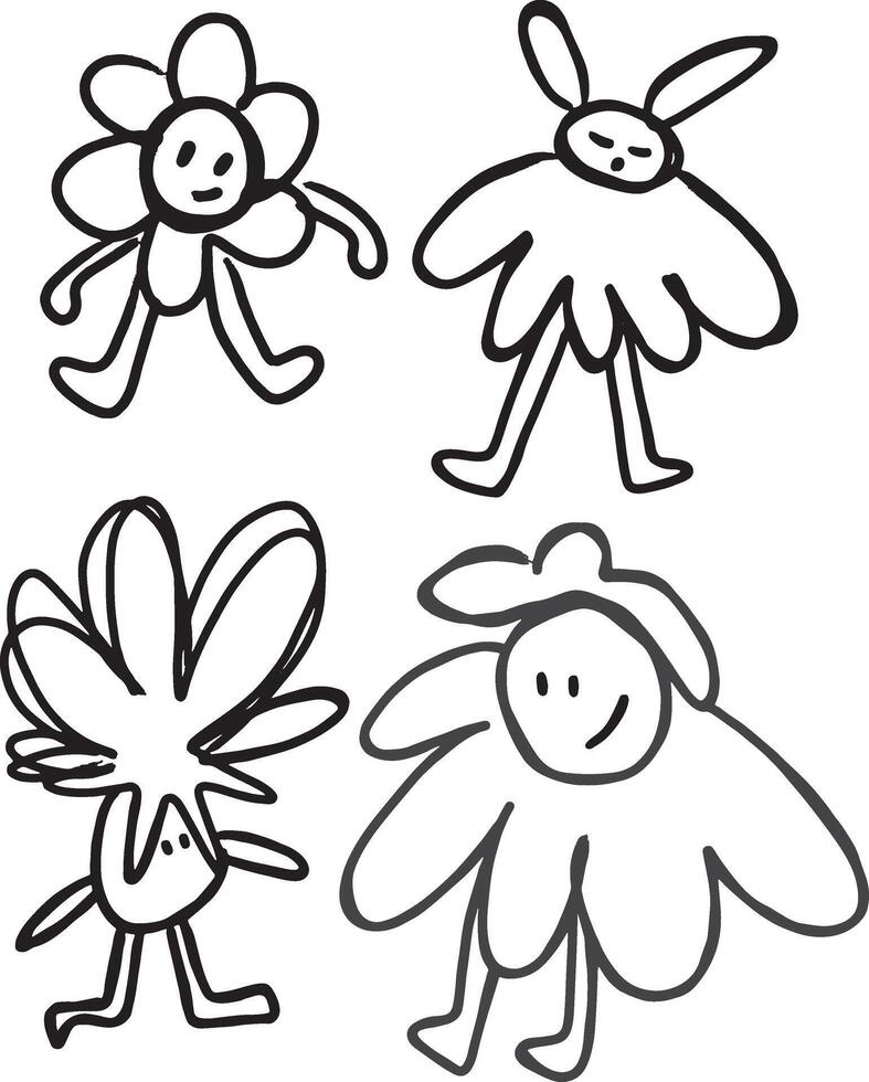 Cute hand-drawn flower characters in doodle style with playful expressions and unique shapes vector