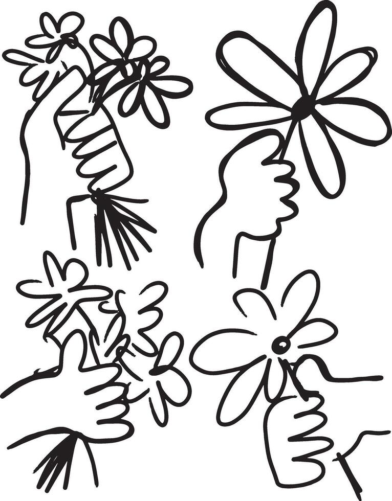 Hand-drawn doodle illustration of hands holding flowers in various poses vector