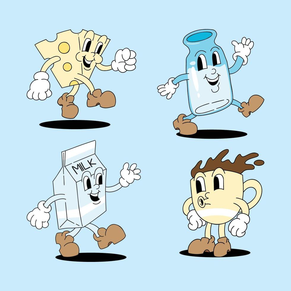 Cartoon characters: milk, cheese, cup, and jar vector
