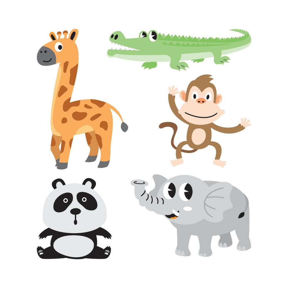 Cartoon animals: giraffe, crocodile, monkey, panda, elephant vector