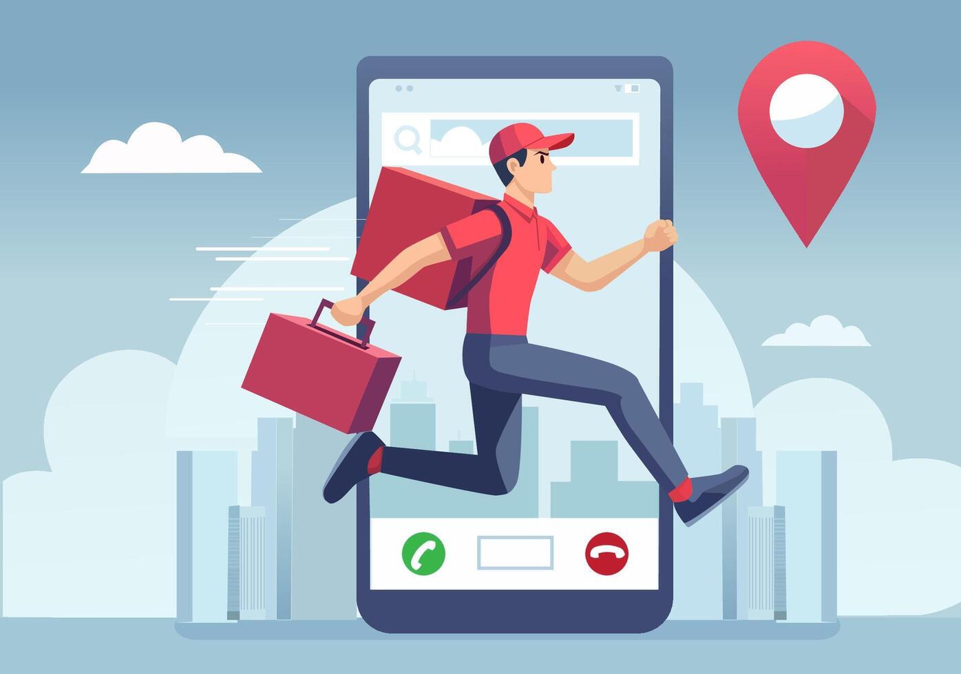 Delivery person running from smartphone screen vector