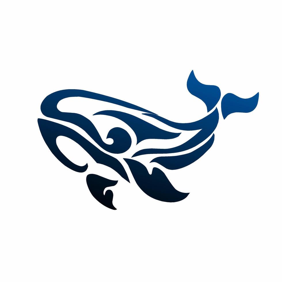 illustration of a smiling whale with water splash, featuring bold blue gradient shapes and flowing curves vector