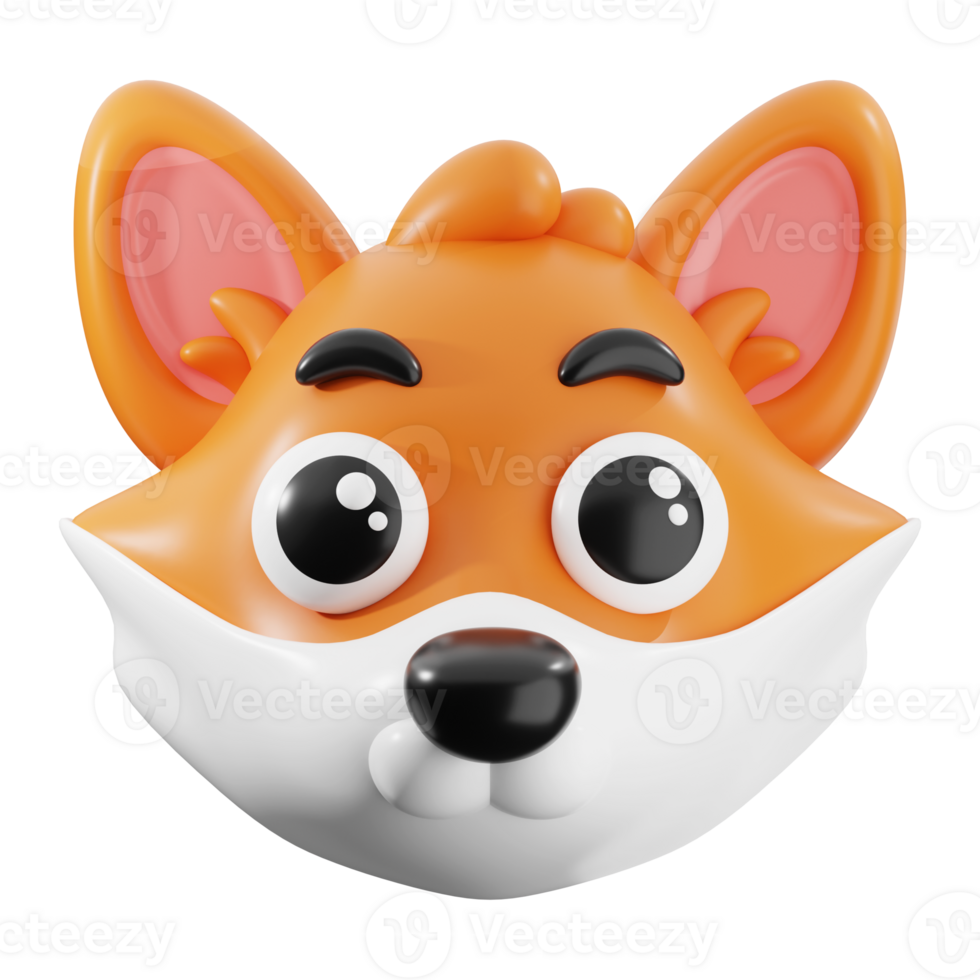 Fox animal 3d cartoon head ideal for playful designs, suitable for children's illustrations, animations, character designs, and fun branding projects png