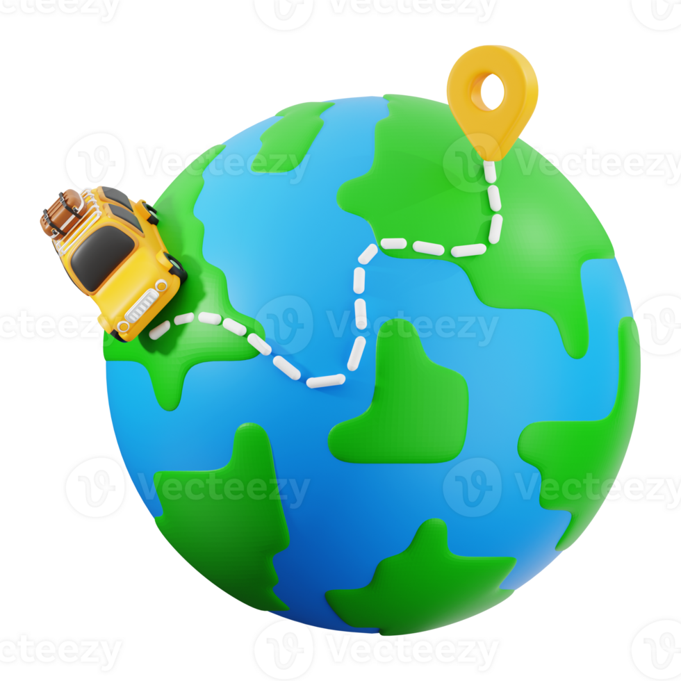 Tourist destination with a yellow car driving around a 3D earth. Suitable for travel blogs, websites, and promotional materials png