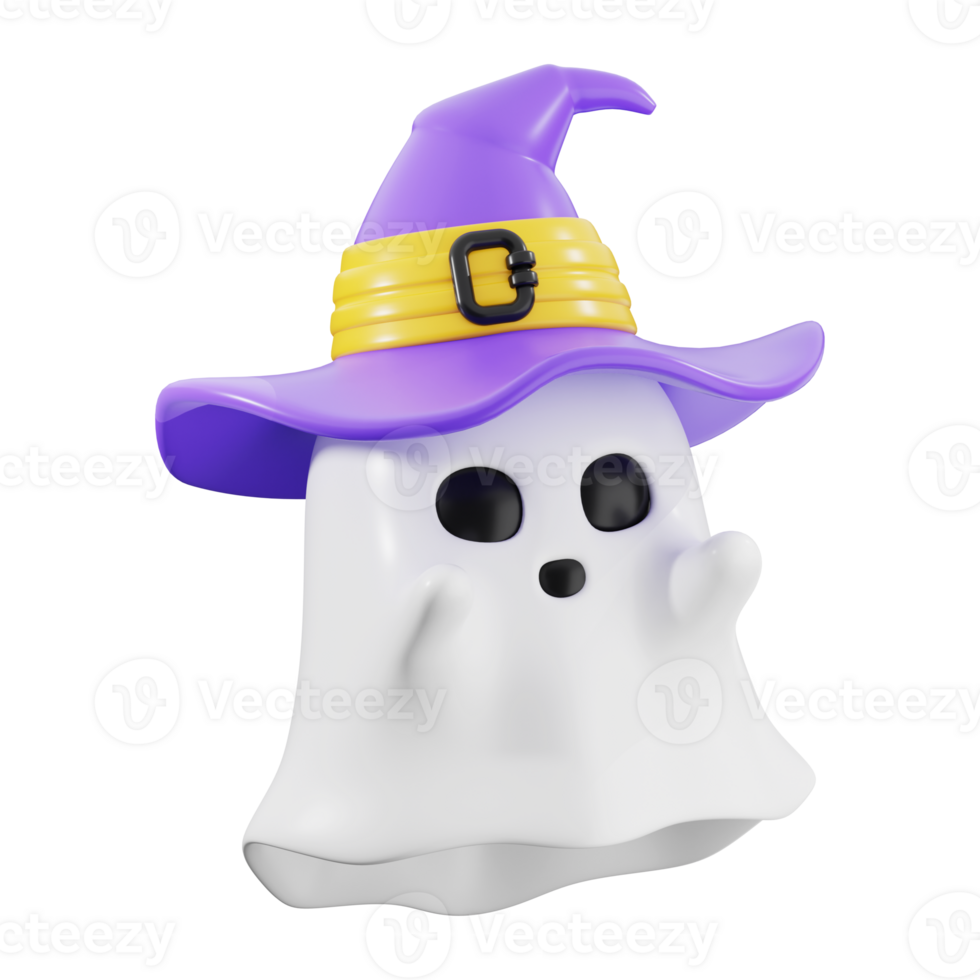 Halloween ghost dons purple hat with yellow band. Suitable for Halloween Themed projects, invitations, decorations, and spooky designs png