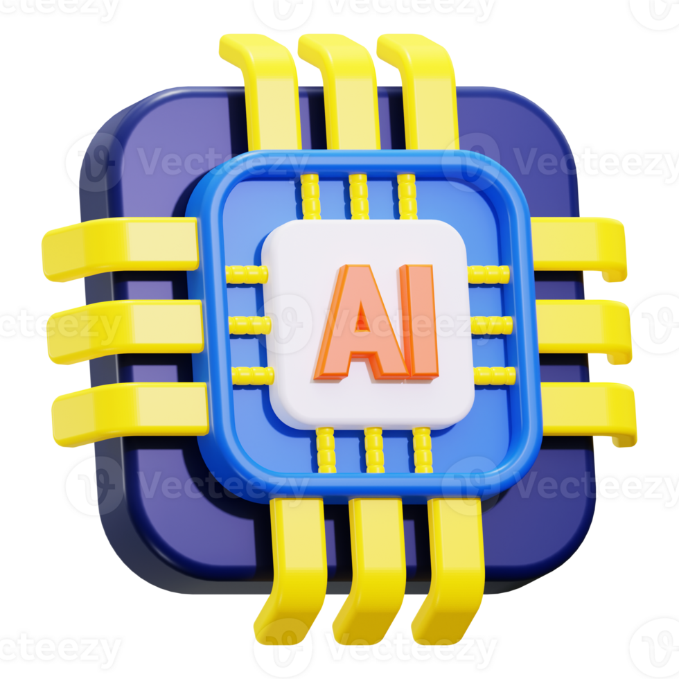Ai chip 3D rendering in blue and yellow. Suitable for tech concept designs, AI technology presentations, and futuristic visuals png