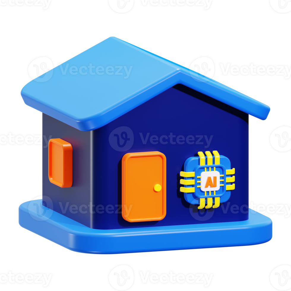 Ai smart home concept with blue house and yellow ai chip, ideal for technology blogs, web design, smart home advertisements png
