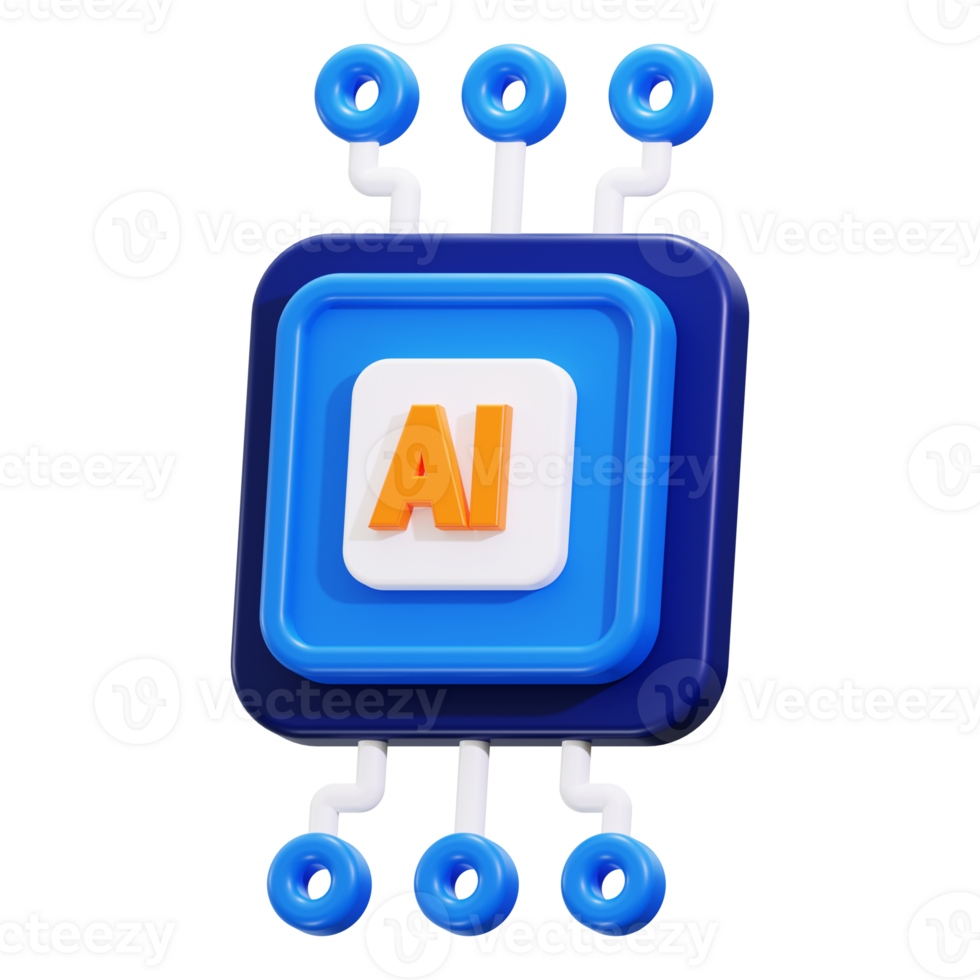 Futuristic 3D chip powered by AI in vibrant blue and orange hues, ideal for technology, artificial intelligence, and innovation concepts png