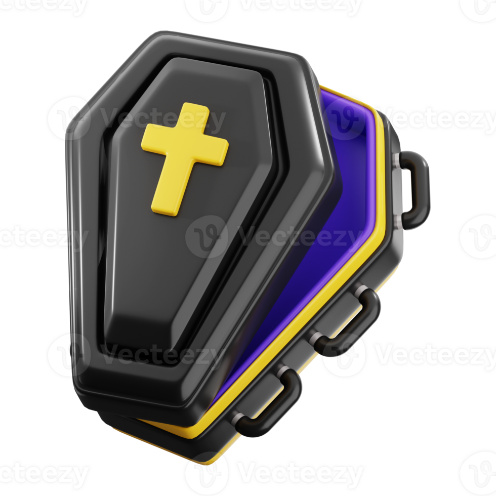 3D model of a black coffin with a yellow cross suitable for Halloween Themed designs, horror movies, gothic illustrations, and spooky concepts png