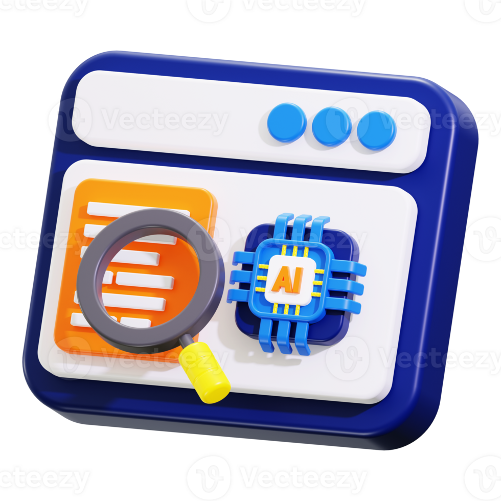 Ai research concept featuring a browser window, magnifying glass, and ai chip. Suitable for technology and artificial intelligence related projects png