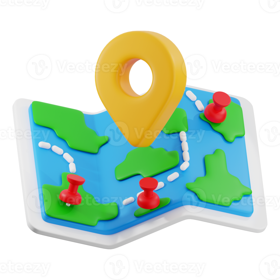 Map with 3D cartoon design location pin and push pins, perfect for travel websites, blogs, social media posts, and educational materials png