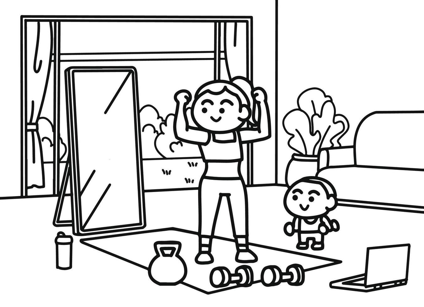 A woman looks in the mirror with satisfaction in her figure. vector