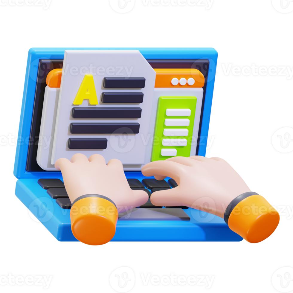 3D Copywriting cartoon hands typing an A grade on a blue laptop. suitable for educational content, online courses, and digital marketing materials png